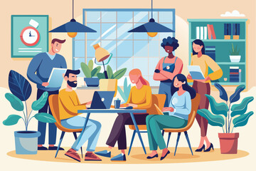 Poster - a diverse group of professionals is engaged in teamwork at a modern office with plants around them, 