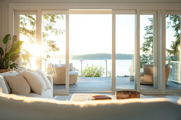 Living room with large sliding doors opening to a sunny patio