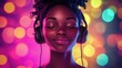 © VirtualVista - African American woman enjoying a fitness routine with headphones on vibrant backdrop enhancing her relaxed and motivated workout atmosphere