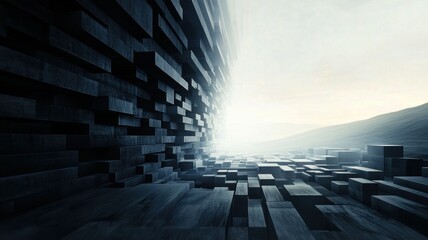 Poster - Abstract Digital Waves Transforming Into Data Cubes in a Futuristic Landscape with Dynamic Light and Textures