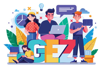Poster - A group of diverse Gen Z individuals is collaborating with technology, showcasing creativity and innovation, Gen Z can customize semi-flat illustrations.