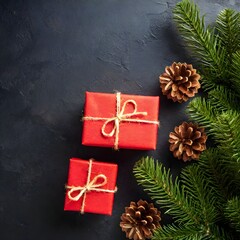 Wall Mural - Top view of Christmas red gift boxes, fir tree branches and pine cones, Christmas black background with copy space