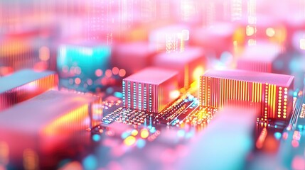 Poster - Abstract close-up of colorful digital circuit board with glowing lights.