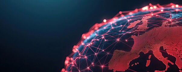 Poster - Global connectivity visualized with illuminated network lines and red earth.