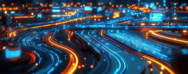 Poster - Dynamic light trails on a busy highway at night, vibrant cityscape.