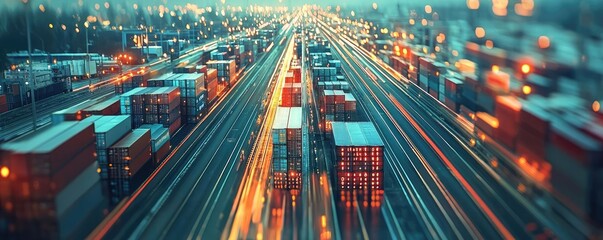 Poster - Aerial view of cargo containers on a busy freight train track, blurred city lights.