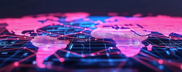 Poster - Abstract world map with neon pink and blue digital connections.