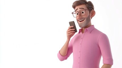 3D Cartoon of a cheerful middle aged man in a pink shirt with glasses standing and chatting on a mobile phone against a white background
