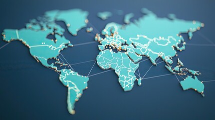 Aufkleber - Abstract world map illustration with connected nodes and lines on dark background.