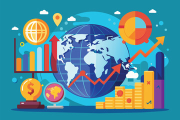 Poster - Colorful representation of global stock markets, investment trends, and financial, Global stock markets and international investments are analyzed for business income growth, with a flat illustration.