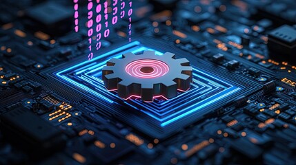 Poster - Gear symbol on circuit board, digital technology, neon lights, abstract design.