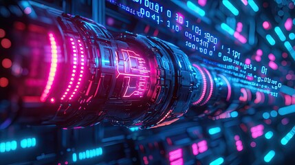 Poster - Futuristic data tunnel with glowing lights and abstract digital patterns.