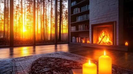 Aufkleber - Cozy living room with candles and fireplace, surrounded by nature at sunset.