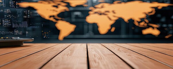Poster - Wooden table with a world map in the background, ideal for global themes.