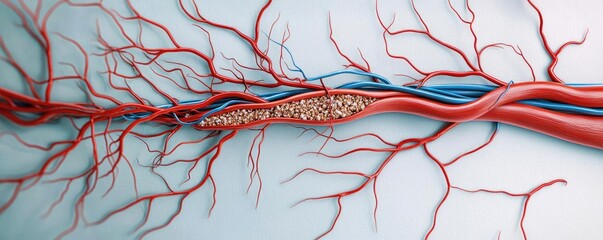 Poster - Digital illustration of blood vessels in human body, colored red and blue, isolated background.