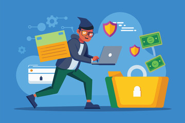 Poster - A hacker is shown using a laptop to breach a secure folder, seeking access to sensitive information, Hacker breaches locked folder, flat Illustration