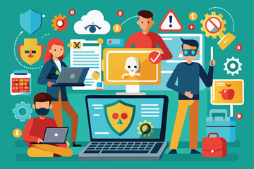 Poster - A group of individuals engages in hacking activities using laptops and monitoring screens with alerts displayed, Hackers access computer data, flat image