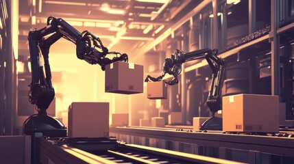 Poster - Robotic Arms Loading Boxes onto Conveyor Belts