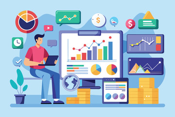 Poster - a person studies financial data on multiple screens while integrating colorful charts and graphs, ha