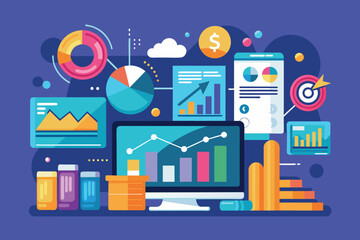 Poster - colorful charts and graphs illustrate financial data trends on a computer screen in a vibrant worksp