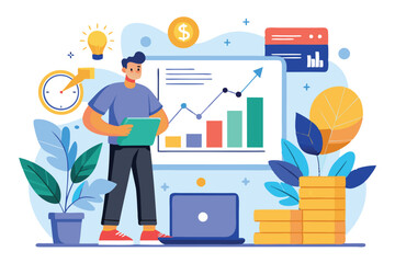 Poster - a person reviews financial data trends using a tablet, surrounded by charts, plants, and a laptop, h