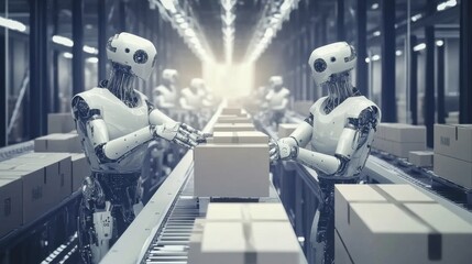 Poster - Robots Loading Boxes onto Conveyor Belts in Warehouse