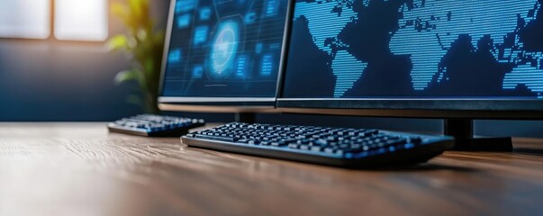 Aufkleber - Computer setup with dual monitors and keyboard, modern workspace, detailed view.