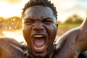 Wall Mural - A man covered in mud with his mouth open