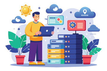 Poster - a person stands with a laptop surrounded by servers, clouds, and data visuals, illustrating backup m