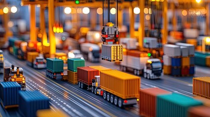 Poster - Cargo containers being loaded at a busy shipping terminal during twilight hours.