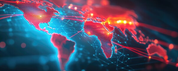 Poster - Digital map of the world with bright neon colors and network connections.