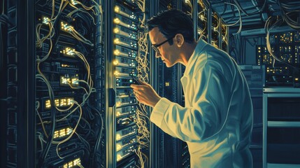 Poster - Technician Inspecting Servers in Data Center Environment