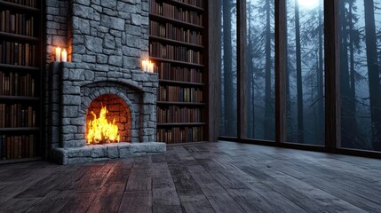 Poster - Cozy fireplace in a rustic room with bookshelves and large windows.