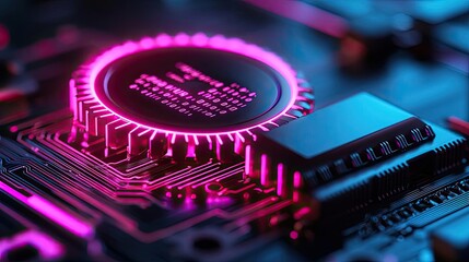 Poster - Close-up of a vibrant circuit board with neon lights and digital elements.