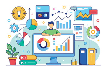 Poster - a professional analyzing data with visuals, showcasing graphs and charts in a modern office setting,