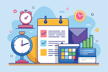 Poster - Colorful illustration featuring a calendar, clocks, and checklists emphasizing time management and organization, Illustrated data paper with calendar and time