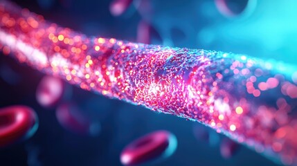 Poster - Close-up of blood vessel with glowing elements and blood cells, on dark background.