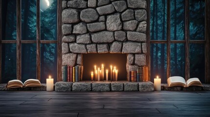 Aufkleber - Cozy fireplace scene with candles, books, and a serene forest view through windows.