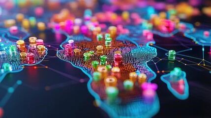 Poster - Colorful digital map of Africa with bright data points and network connections.
