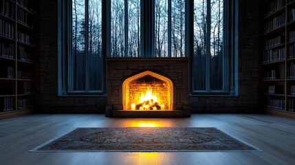 Poster - Cozy fireplace glowing warmly in a darkened room with tall windows.