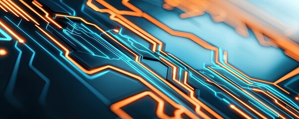 Poster - Futuristic circuit board design with vibrant orange and blue lines.
