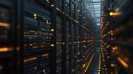 Poster - Wide Shot of Datacenter Server Farm with Illuminated Racks