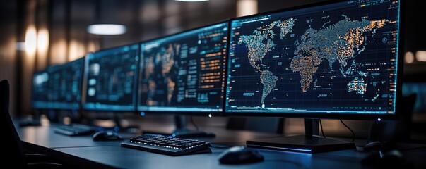 Poster - High-tech monitoring station with multiple screens displaying global data.
