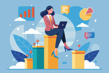 Poster - a professional woman sits on a chart, focused on her laptop, surrounded by various business graphics