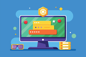 Fototapete - A colorful game loading screen is displayed on a computer monitor with playful design elements, Illustration of a computer display with a game loading