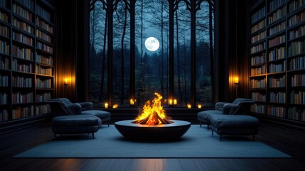 Aufkleber - Cozy living room with a fireplace, bookshelves, and moonlit view at night.
