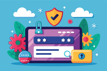 Poster - A digital device shows a forgotten password screen surrounded by vibrant flowers and decorative elements, Illustration of a forgotten password