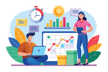 Poster - A data analyst sits on the floor with a laptop, while a colleague stands holding a tablet, surrounded by charts, Illustration of a laptop and data analyst on a calendar