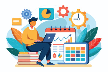 Poster - A data analyst focuses on analysis tasks with various charts and graphs displayed in a vibrant workspace, Illustration of a laptop and data analyst on a calendar