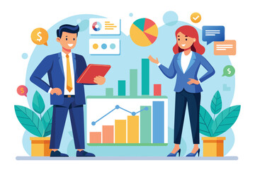 Poster - a male and female business professionals engage in a discussion while reviewing charts and graphs to
